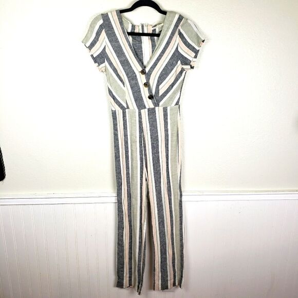 Urban Outfitters Women's Pink Blue Linen Blend Zip Up Long Jumpsuit Size Small - Picture 1 of 12